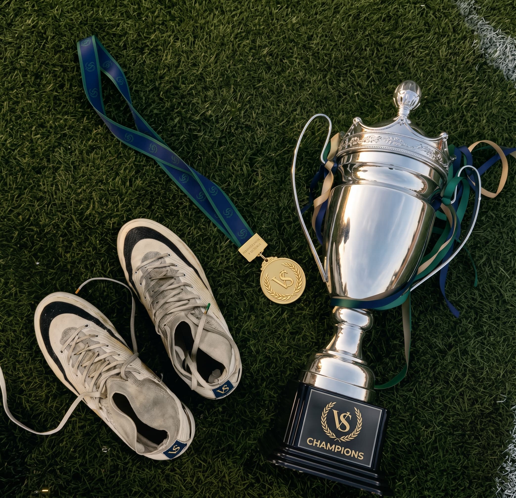 Trofeo y medalla sobre césped